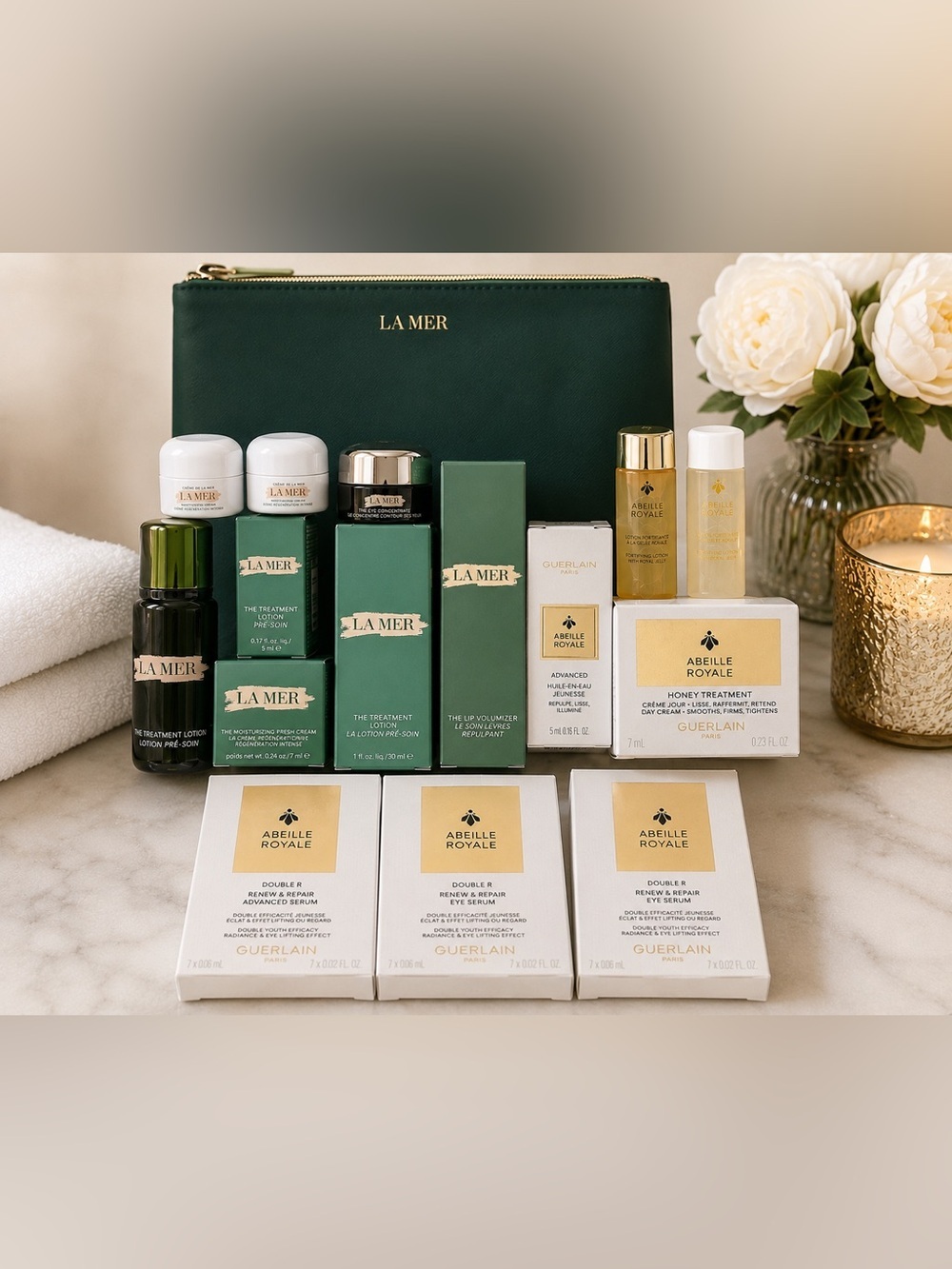 LA MER & GUERLAIN Luxury Skincare Bundle + Leather La Mer Makeup Bag RETAIL $450